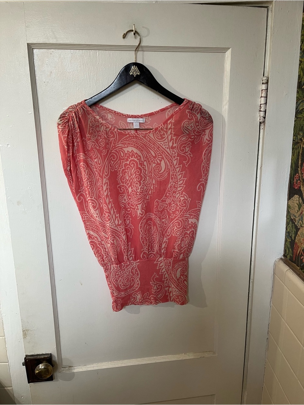 VTG New York & Company Paisley Mesh Blouse Pink Y2K Smocked Waist Top S EUC